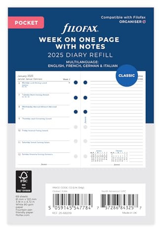 Filofax Pocket WEEK PAGE WITH NOTES 4 LANGUAGE 2025