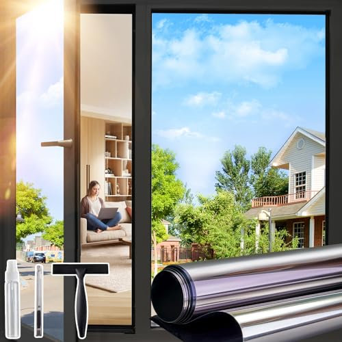 Windimiley Fensterfolie Sonnenschutz Hitzeschutz,Spiegelfolie Fenster Sichtschutz Selbstklebend,UV Schutzfolie Einseitig Blickdicht Wärmeschutzfolie für Sommer Schwarz-Silber 90x600cm