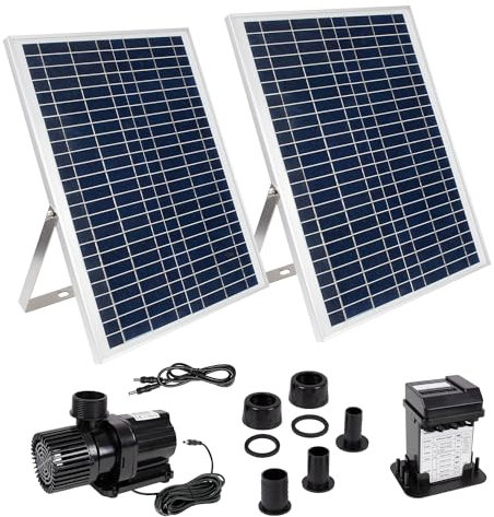 AMUR Kit Pompe de Bassin Solaire 40 W - Jet d'Eau avec Batterie Li-ion, Éclairage LED, Panneau Solaire Cadre Alu Stable pour Étang (Oasis-4000R)