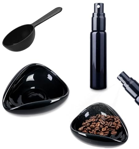 YAFIYGI 3 PCS Coffee Dosing Cup and Spray Bottle with a Spoon Kit Espresso Barista Accessories Ceramic Dosing Tray for Ground Coffee or Tea Mister Spray Bottle Reducing Static Barista Tool Set