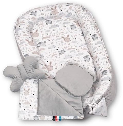 PaLulli Premium 5 teilig Babynestchen Set Babynest 95 x 55 herausnehmbare Einlage Kuschelnest Krabbeldecke Einsatz Bett Babys Neugeborene 100% Baumwolle & Samtstoff Öko Tex (Grau Eule)