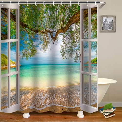 FAIRYGATE Anti Mould Shower Curtain Beach Shower Curtains Waterproof Beach Scene Shower Curtain Set with 12 Hooks for Wet Rooms Bathrooms Outdoor (Beach Pattern 180 * 180cm) B8811