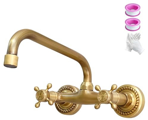 NIUKOMY Robinet Cuisine Mural Bronze Antique, Rotatif à 360° Mitigeur D'évier Murale Laiton, Retro Double Poignée Robinets Mélangeur pour Salle de Bain Cuisine, Bec 24cm