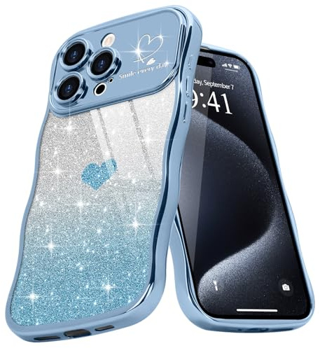 Teageo Cute Heart Pattern Curly Phone Case for iPhone 15 Pro, Wave Frame Glitter Case for Girls Women Aesthetic Bling Cover Shockproof Soft TPU Bumper for iPhone 15 Pro, Blue