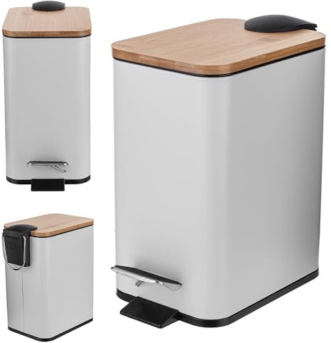 KADAX Poubelle en acier revêtu par pulvérisation de 3 l, seau avec seau et pédale, poubelle avec système d'abaissement automatique, poubelle avec couvercle en bambou (blanc, rectangulaire)