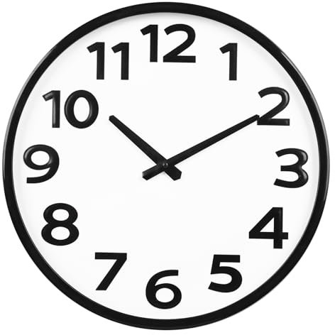 40cm Large Wall Clock with 3D Numbers, Silent Non-Ticking Easy to Read Wall Clocks for Living Room Kitchen Office Classroom Decor- Black/White,16 Inch