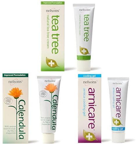 Nelsons Traditional Skincare Trio Bundle, Tea Tree Cream + Calendula Cream + Arnica Cooling Gel, Natural First Aid Cream Collection