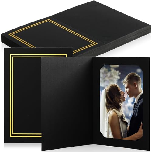 Fainne 50 Pcs Photo Folders for 4x6 or 5x7 Pictures Photo Frame Note Cards Paper Greetings Cardboard Picture Frame Photo Inserts Cards Picture for Portraits Graduation Wedding (Black, Gold Lining)
