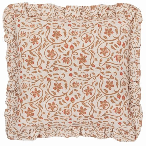 Paoletti Filigree Feather Filled Cushion – Luxury Vintage Floral Textured Ruffle Trim Decorative Pillow (Linen/Ochre – 50x50cm)