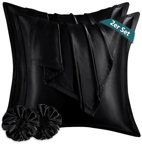 RUIKASI Satin Kissenbezug 80x80 wie EIN Seidenkissenbezug mit 2 Haargummis - seidig Kopfkissenbezug 80x80 für Haar und Haut, Pflegeleichter als Seiden Kissenbezug Silk Pillow Case, Schwarz