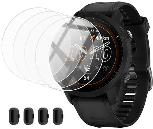 SopwMap Ensemble de Protection d'Écran Compatible avec Garmin Forerunner 255/255 Music, 4 Films en Verre Trempé, 4 Bouchons Anti-Poussière en Silicone, Haute Sensibilité et Clarté HD