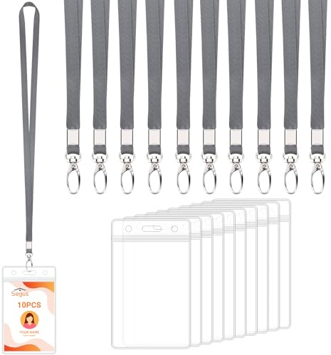 Segus Porte Carte Tour de Cou, 10 Pièces Porte Badge avec Cordon, Cordon Badge, Transparent et Étanche, pour Bureau, Exposition, Usine (Gris Foncé, Vertical)