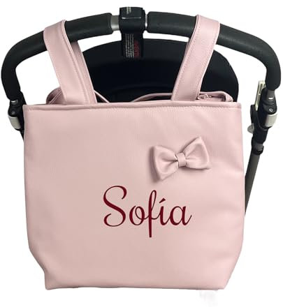 Danielstore Bolso Carro Bebé Talega Polipiel Personalizado con Nombre Bebe Bordado Bolso Organizador Pañaleras para Bebés Bolsa Carrito Bebe… (Rosa Maquillaje con asa Colgar Hombro)