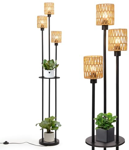 Warmiehomy Modern Floor Lamp with Shelves, 3-Lights Floor Lamps for Living Room, Standing Lamp with Rattan Shades & Foot Switch, Retro Standing Lamps for Bedroom, E27 Sockets Tall Lamp for Office