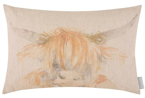 Voyage Maison Highland Coo Feather Filled Cushion – Hand-Painted Watercolour Linen Blend (Multicolour - 40x60cm)