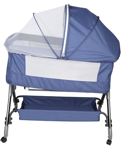 OHMG 3 en 1 Berceau Cododo pour Bébé,Inclinaison&Hauteur Réglable,Lit Cododo de Bébé avec Matelas Moelleux et Moustiquaire 4 Roues,pour 1 à 36 Mois (Bleu tibétain(104X52X103-115cm))