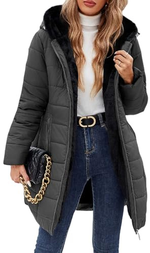 Yuson Girl Manteau Femme Longue Matelassé Polaire Doublé Manteau Hiver Veste Épais Chaud Parka Manteau Blouson Zippé à Capuche Hooded Coat Elégant Veste Imperméable Outercoat(Gris foncé, S)
