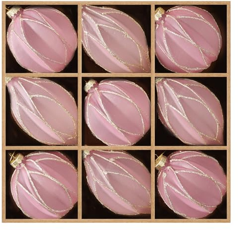 DN DECONATION Weihnachtskugeln Set, 9-teilig - Rosa Gold Christbaumkugeln | mit Linien Design, Glaskugeln mit Goldverzierungen für Tannenbaum Dekoration, Vintage Weihnachtsbaumschmuck