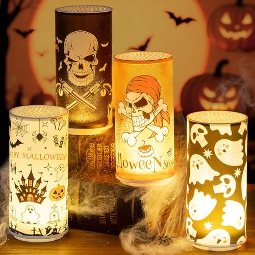 4 Stück Halloween LED Kerzen, Halloween Deko Kerzen, LED Kürbis Kerze, Halloweens Tischdeko Laterne Indoor, Led-stumpenkerzen mit Spinnen, Gespenster, Fledermäuse-Muster für Halloweens Deko Party