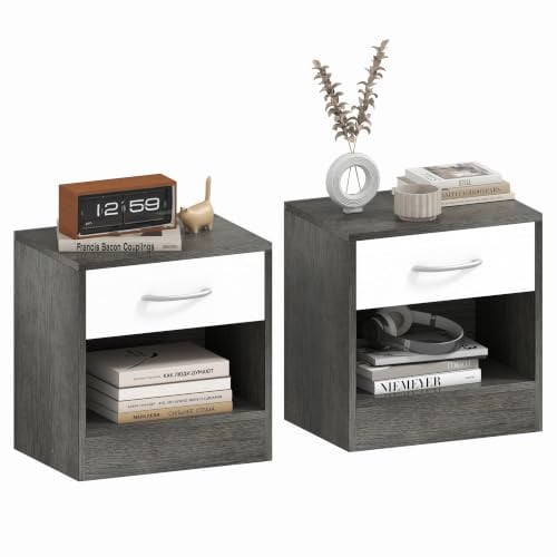 HOMCOM Set 2 Comodini per Camera da Letto 39x28x41 cm Bianco e Grigio Scuro | Ripiano Aperto e Cassetto, Comodini Moderni, in Truciolato