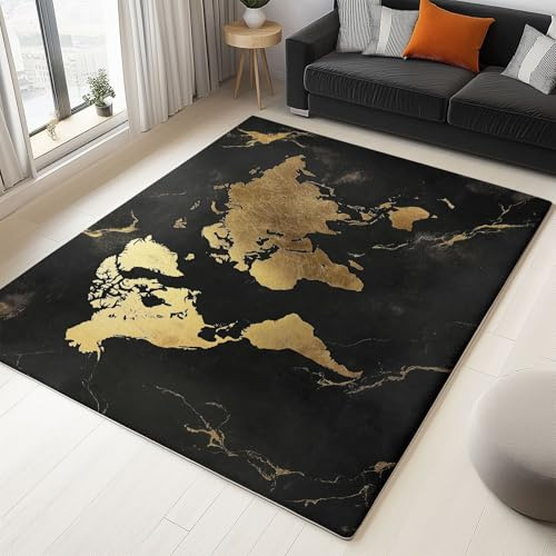 Generisch Waschbarer Teppich Weltkarte Golden 80x150cm Moderner Kurzflor Wohnzimmer Teppich Ultra Weich rutschfest, für Schlafzimmer, Esszimmer, Küchen