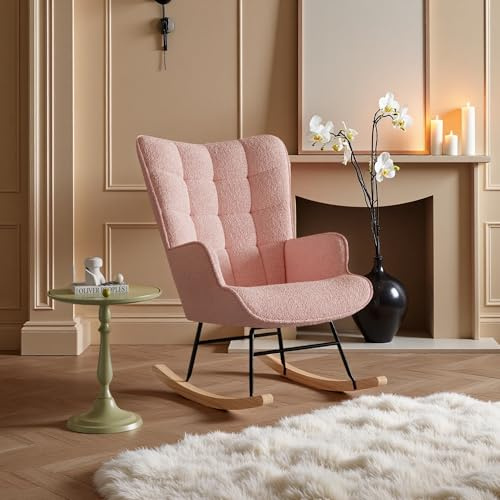 Yeutre Schaukelstuhl, Schaukelstuhl, Stillsessel mit hoher Rückenlehne, Schaukelstuhl aus Teddy-Stoff, für Wohnzimmer, Schlafzimmer, Balkon (Rosa)