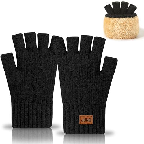 LUVEEVA Men's Fingerless Gloves with Soft Fleece Lining for Winter, Knitted Running Cycling Gloves