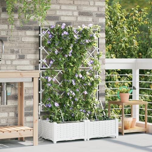Jardinière moderne en plastique, aspect rotin, blanche, avec treillis réglable en hauteur, pour balcon et jardin, 80 x 40 x 126 cm
