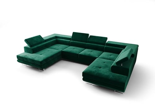 O-Sofa Wohnlandschaft Praga Design U, Eckcouch in U-Form mit Schlaffunktion, Farbe: Grün, Velourstoff, Ottomane Universal