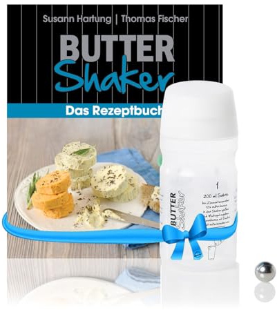 EINSTEIGER-Set für EINFACHES Butter Machen mit dem patentiertem Butter-Shaker (325ml) in Weiss + kreativem Rezeptbuch (Verlag Südwest). Viele Neue Rezepte für Butter und Buttermilch