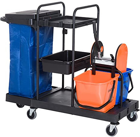 HOMCOM Carrello Pulizie Professionale a 3 Ripiani con Sacco per Immondizia, Ganci per Scopa, Secchio Lavapavimenti con Strizzatore per Mocio e 5 Ruote, per Hotel e Albergo, 111x63.3x103 cm, Nero