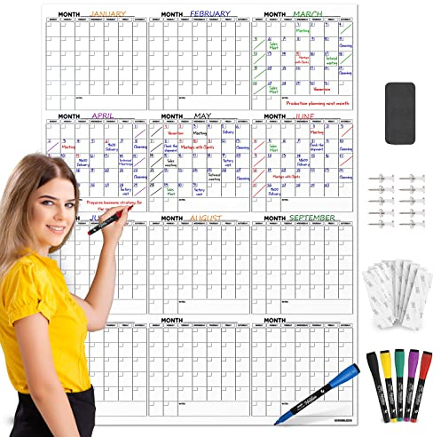 Großer Whiteboard-Kalender, 91,4 x 121,9 cm, trocken abwischbarer Wandkalender 2024, jährlicher monatlicher Wandkalender, trocken abwischbarer Board-Planer, inklusive 6 Markern, Radiergummi,
