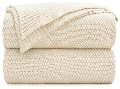 Cream Cotton Cable Knit Throw Blanket for Couch Sofa Bed, Home Decorative Lightweight Woven Throw Blankets with Bonus Laundering Bag, 3.4 Pounds 60 x 80 Beige