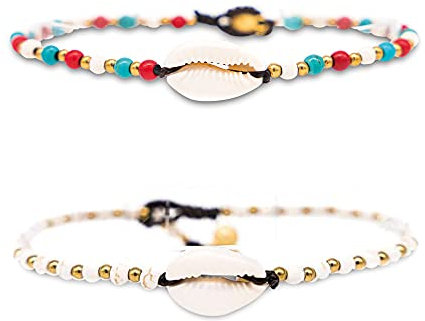 Made by Nami Surfer Fußkettchen mit Perlen Damen & Mädchen - Handmade Festival & Strand Accessoires - Goa Hippie Fußkette - Fußband Bunt Orientalisch (White & Multi Shell)