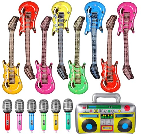 BBTO 15 Pcs Inflatable Rock Star Toy Set Party Props Musical Instrument Blow up Guitar Inflate 80s 90s Party Decorations Rock Band Bass Guitar Microphones Box ​​Toys for Carnival Concert Favors
