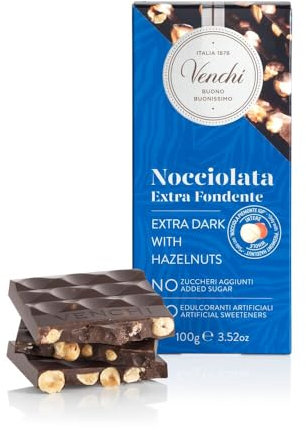 Venchi - Tavoletta di Cioccolato Nocciolato Fondente -70% di Zuccheri, 100g - Senza Glutine