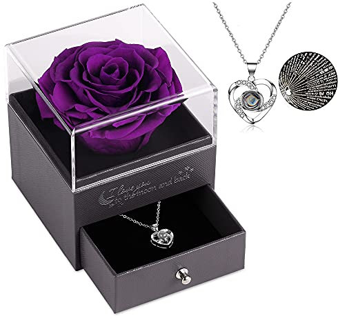 Tiaronics Echte Rose mitI Love You-Halskette in 100 Sprachen, Geschenke für Ihre Mutter, Frau, Geschenk für Freundin, Geburtstag, Lila