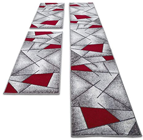oKu-Tex Teppich | Webteppich | fürs Schlafzimmer | Bettumrandung 3er Set | Rot Modern | geometrisches Design | Öko-Tex 100 |2 mal 67 x 140 cm, 1 mal 67 x 340 cm, 30161rot067620