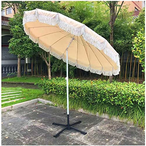YXW Sonnenschirm 220 cm neigbarer Strandschirm mit Fransen, tragbarer Gartenschirm Terrassenschirm Balkonschirm mit 18 Rippen, Gestell Stahl, runder Sonnenschutz UV 50+ Khaki