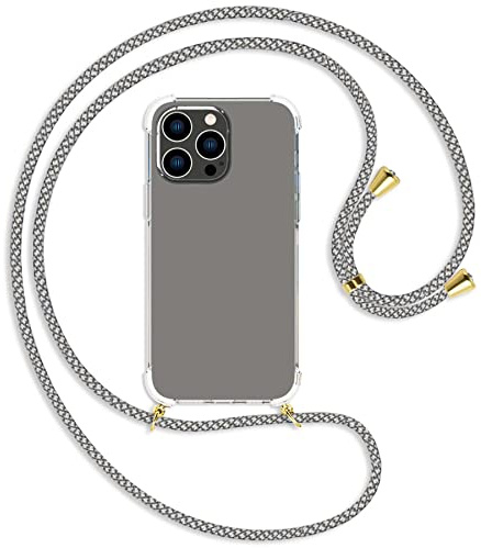 mtb more energy® Handykette kompatibel mit iPhone 14 Pro Max - Fancy Fishnet/Gold - Smartphone Hülle zum Umhängen - Anti Shock Full TPU Case