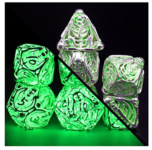 DND Würfel Fluoreszierende Skull Polyedrische Rollenspiel Würfelset, ZHOORQI 7 Stück/Set Metall Dice Spielwürfel for Dungeons and Dragons D&D Geschenke(Skull-Glowing Green)
