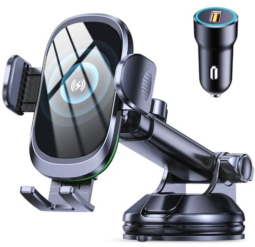 Glangeh Car Phone Holder Wireless Charger, [Upgraded Rotatable Suction Cup] 15W Fast Charging Wireless Car Charger Compatible with iPhone 15 Pro Max/14/13/12 Mini/11/X/XS/XR/8, Samsung S24/22 and More