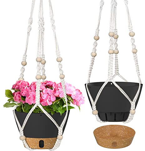 ZMTECH Macetero Colgante de Macramé de 20 cm Maceta Colgante de 8 Pulgadas con Agujeros de Drenaje Plato para Plantas De Jardín de Casa de Interior Exterior (Gris Oscuro, Juego De 2)