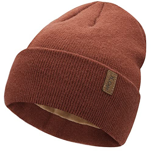 Damen Herren Winter Warm Beanie Mütze Strickmütze Slouchy Thermo Wintermütze Cuffed Skull Cap mit Fleece Gefütterte Frauen Geschenk, Karamell, Einheitsgröße