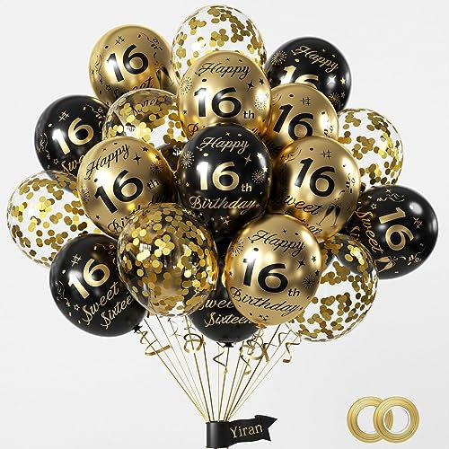 Yiran 16. Geburtstag Luftballons Deko Set - 15 Stück Schwarz Gold für Jungen und Mädchen - Happy Birthday Ballons, Konfetti Luftballons für Party Dekoration