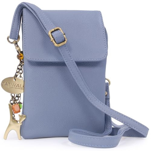 Catwalk Collection Handbags - Damen Leder Umhängetasche - Crossbody Bag Handytasche Klein - Verstellbarer Abnehmbarer Gurt - BILLIE - Blau