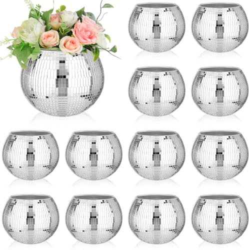 Jinei 12 Pcs Disco Vases Bulk Silver Mirror Disco Ball Flower Vase Glass Disco Ball Planter Candle Holder Glass Vase for Wedding Table Centerpieces Bedroom Office Birthday Decoration (5 X 6)