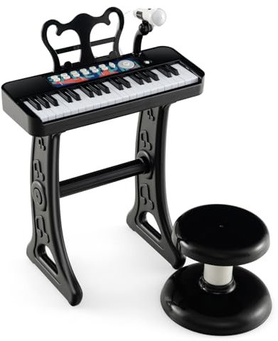 COSTWAY 37 Tasten Kinder Keyboard, Kinderklavier elektronisch mit Hocker, Mikrofon & Notenständer, Kinderpiano mit Abnehmbarer Beinen, Klaviertastatur für Kinder ab 3 Jahren (Schwarz)