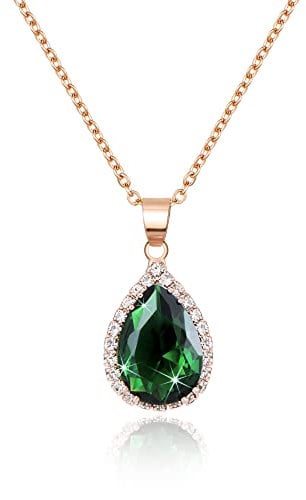 Linawe Emerald Crystal Chain Necklace for Women Trendy Rose Gold, Green Imitation Diamond Pendant Cubic Zirconia Birthstone Rhinestone Teardrop, Preppy Boho Jewellery