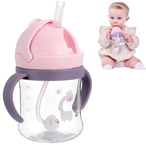 Neo10Ten Sippy Cup for 6+ Months, Leak-Proof Toddler Water Bottle with Straw, Toddler Cup BPA-Free Non Spill Water Bottle Kids Trainer with Handles, Ideal Baby/Toddler Drinking [Pink Style, 250ml]